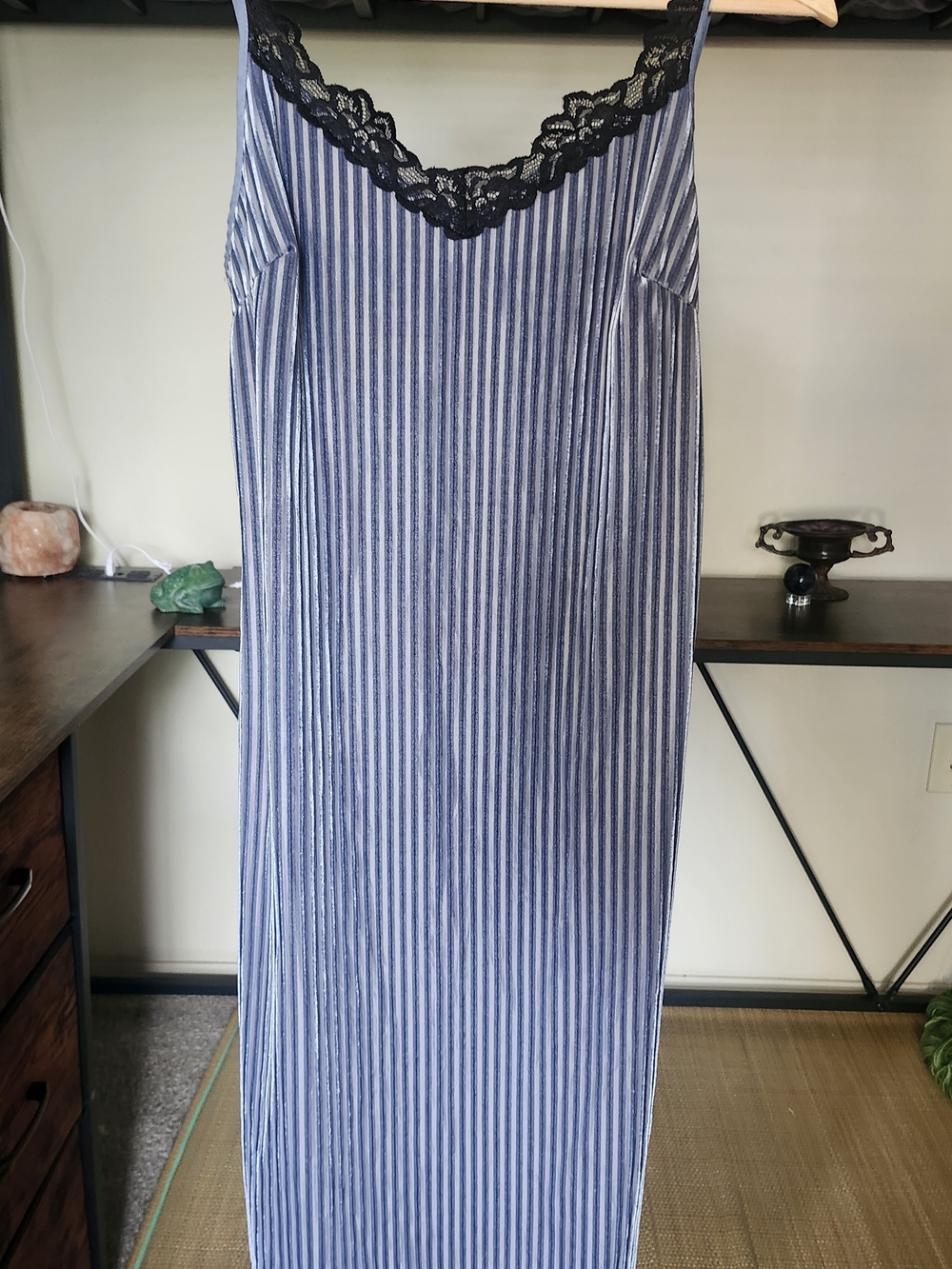 Blue and White Striped Slip Dress with Black Lace Trim
